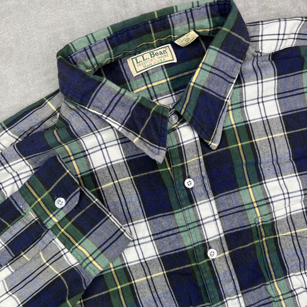 L.L. Bean Flannel Shirt Mens 2XL Tall Green Plaid Long Sleeve Button Up USA Made